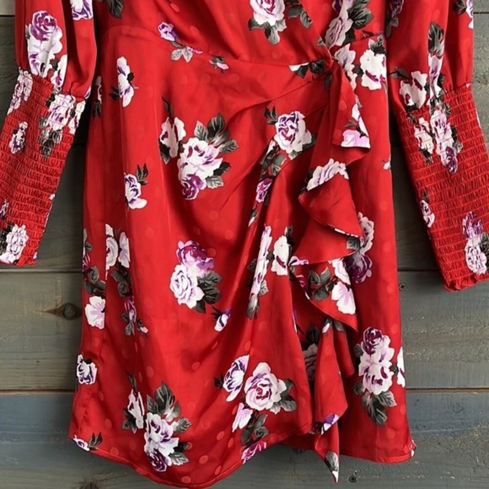 WAYF Red Roses Ruffle Wrap Mini Dress XS - Picture 6 of 15